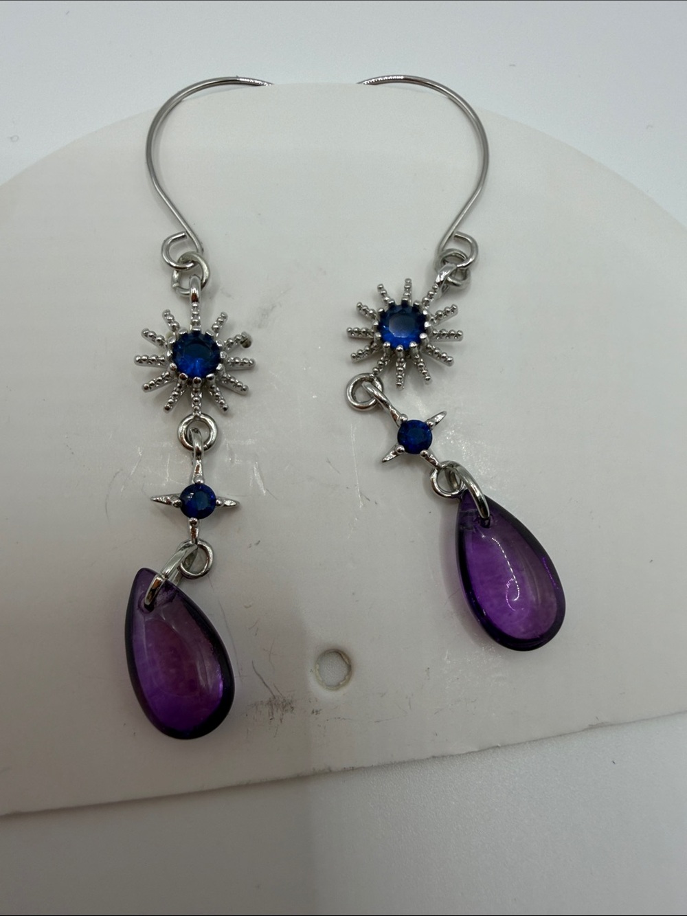 Silver Sunburst Drop Earrings with Purple Teardrops and Blue Accents